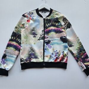 Colorful Landscape Print Bomber Jacket